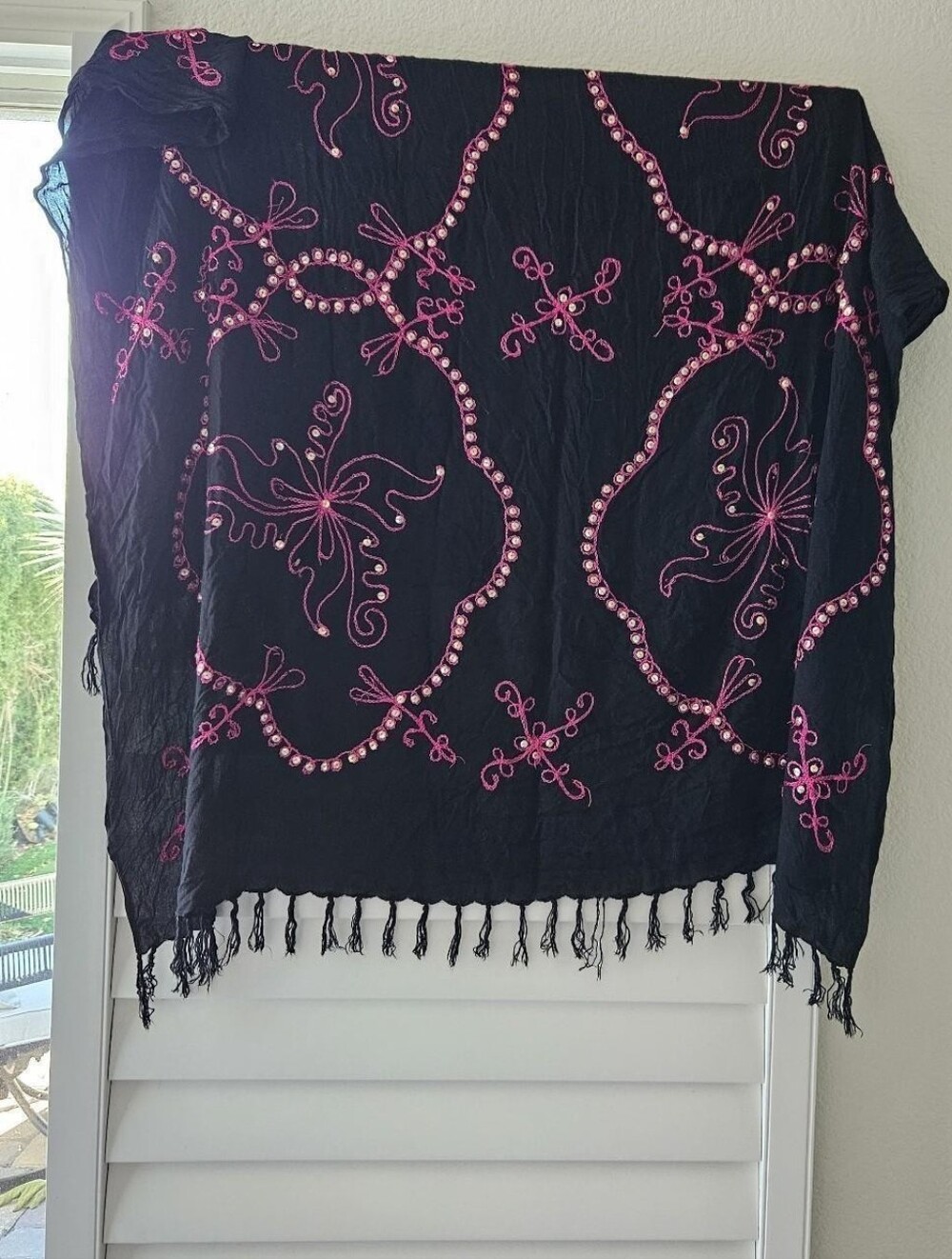 Vintage Embroidered Fringe Wrap Scarf